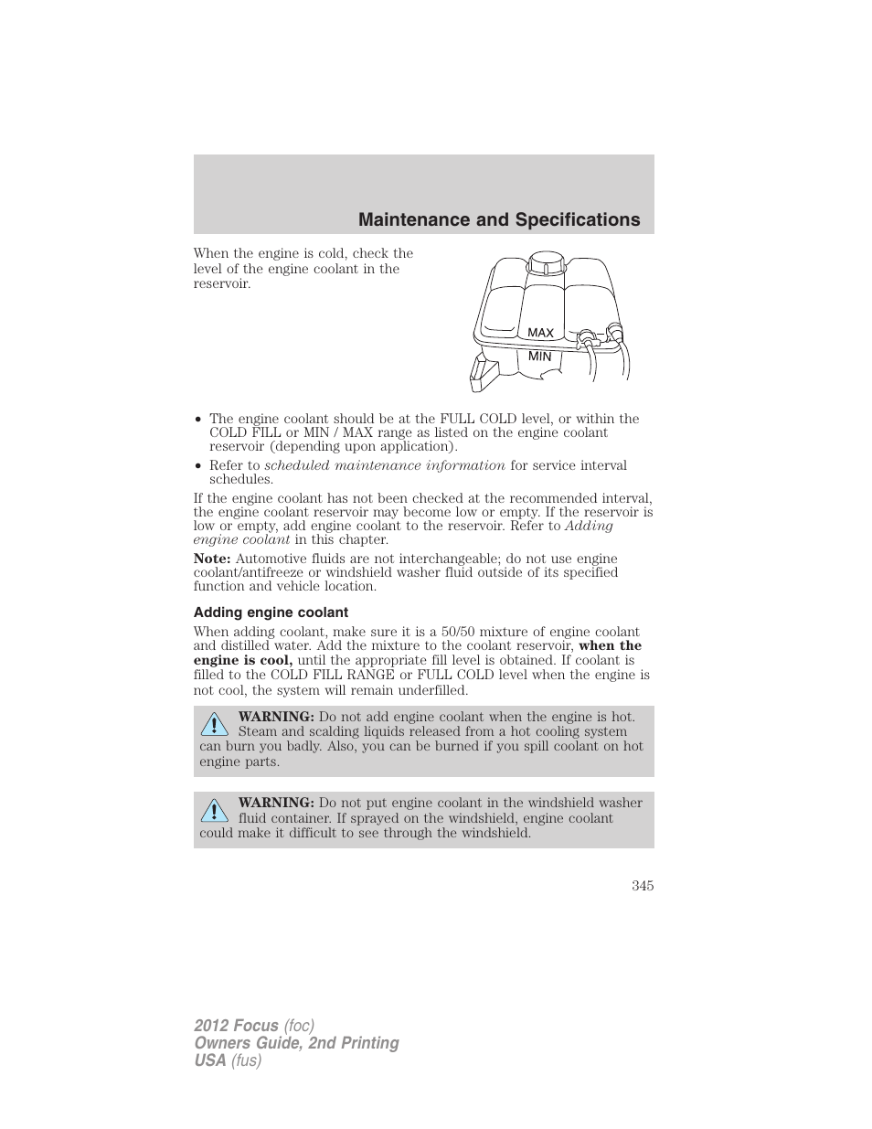 Adding engine coolant, Maintenance and specifications | FORD 2012 Focus v.2 User Manual | Page 345 / 405