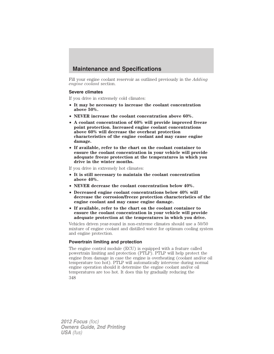 Severe climates, Powertrain limiting and protection, Maintenance and specifications | FORD 2012 Focus v.2 User Manual | Page 348 / 405