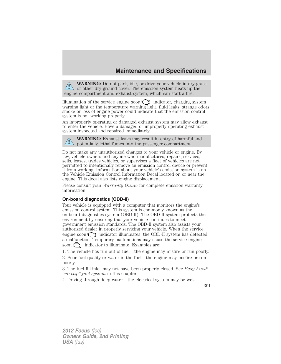 On-board diagnostics (obd-ii), Maintenance and specifications | FORD 2012 Focus v.2 User Manual | Page 361 / 405