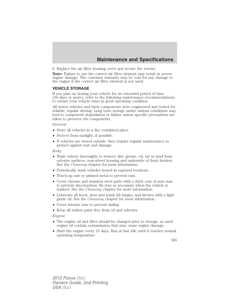 Vehicle storage, Maintenance and specifications | FORD 2012 Focus v.2 User Manual | Page 365 / 405