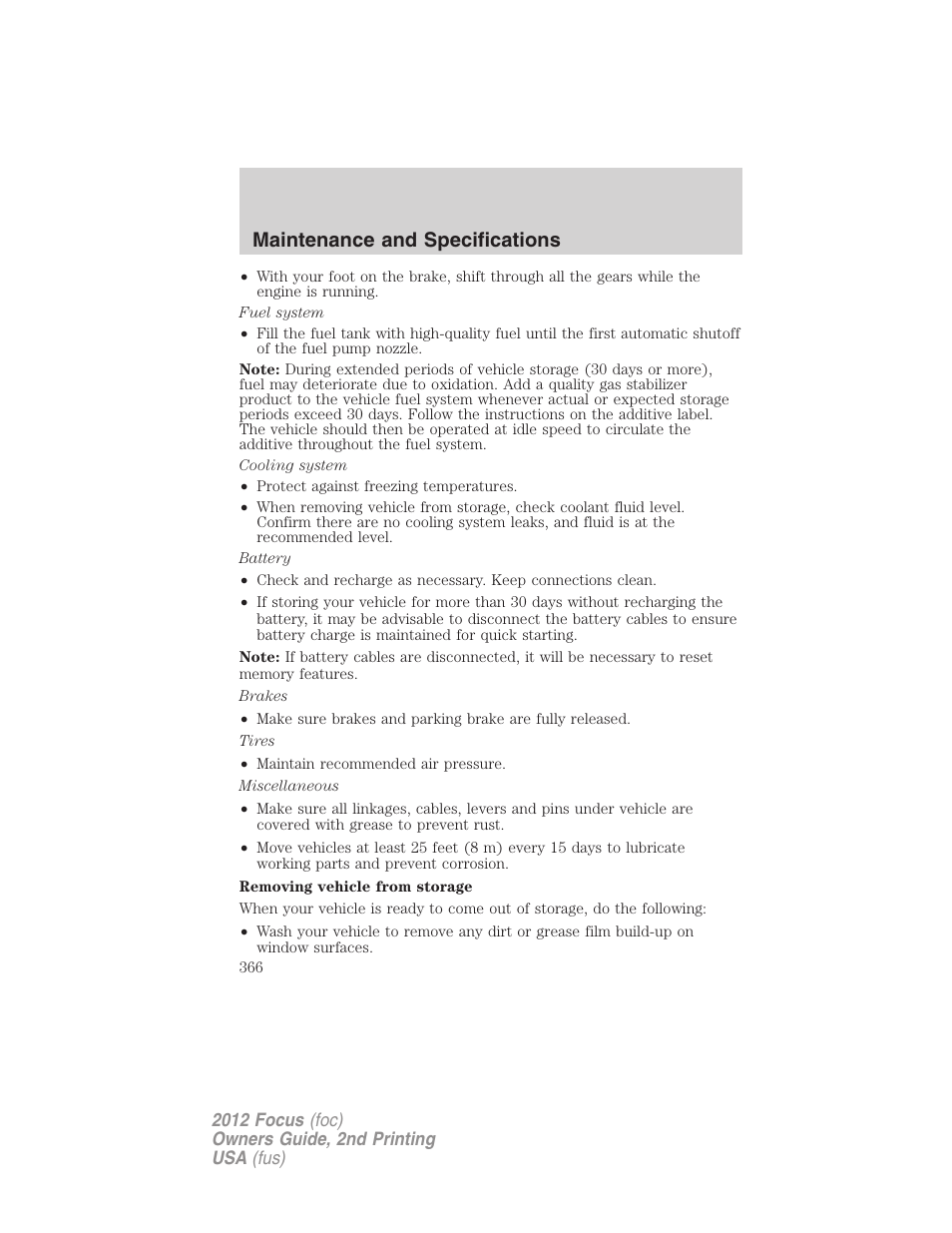 Maintenance and specifications | FORD 2012 Focus v.2 User Manual | Page 366 / 405