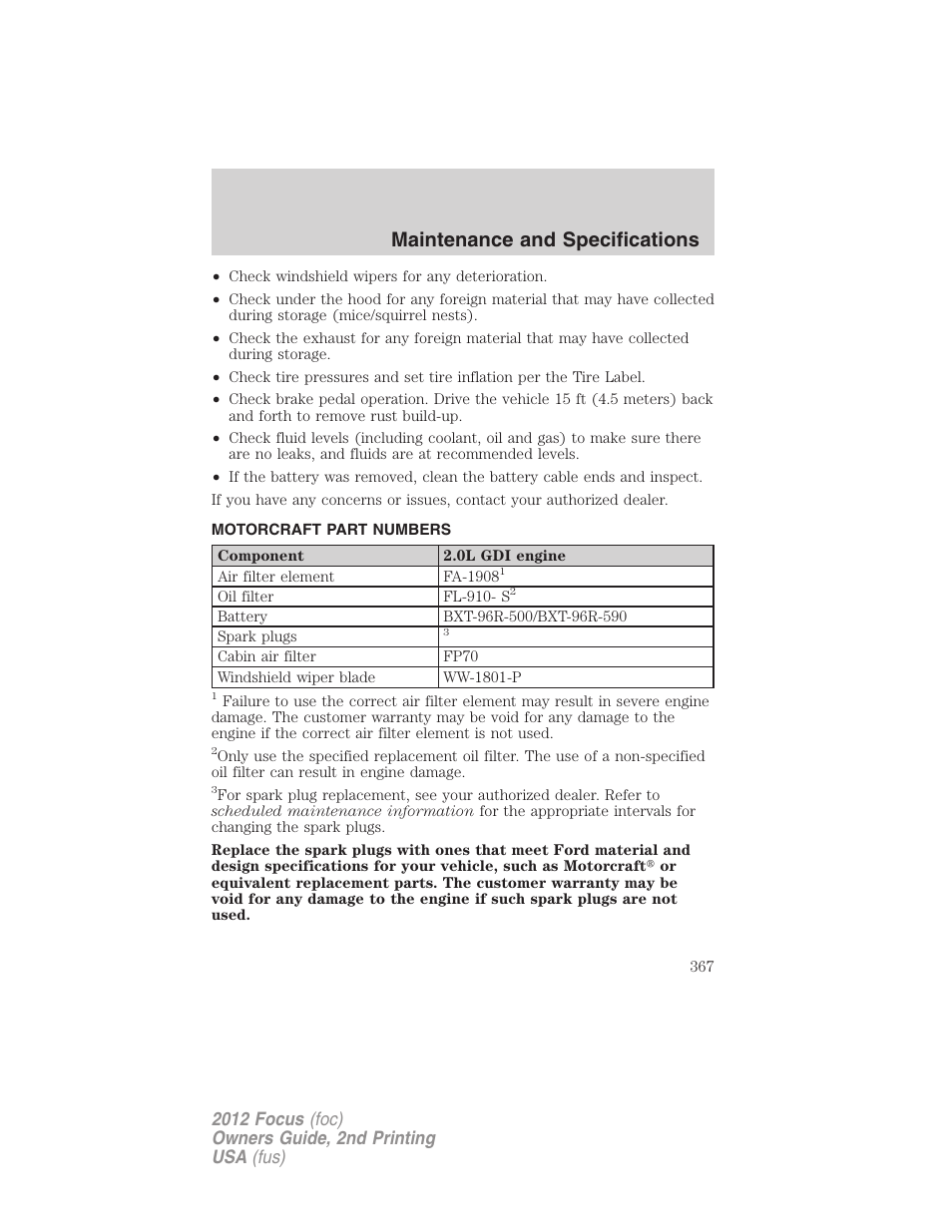 Motorcraft part numbers, Part numbers, Maintenance and specifications | FORD 2012 Focus v.2 User Manual | Page 367 / 405