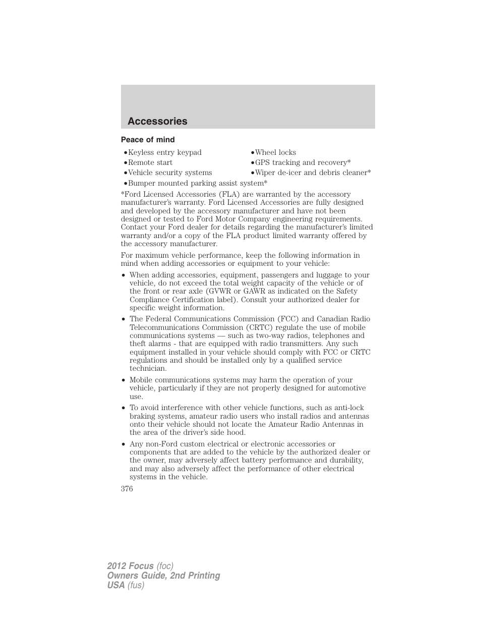 Peace of mind, Accessories | FORD 2012 Focus v.2 User Manual | Page 376 / 405