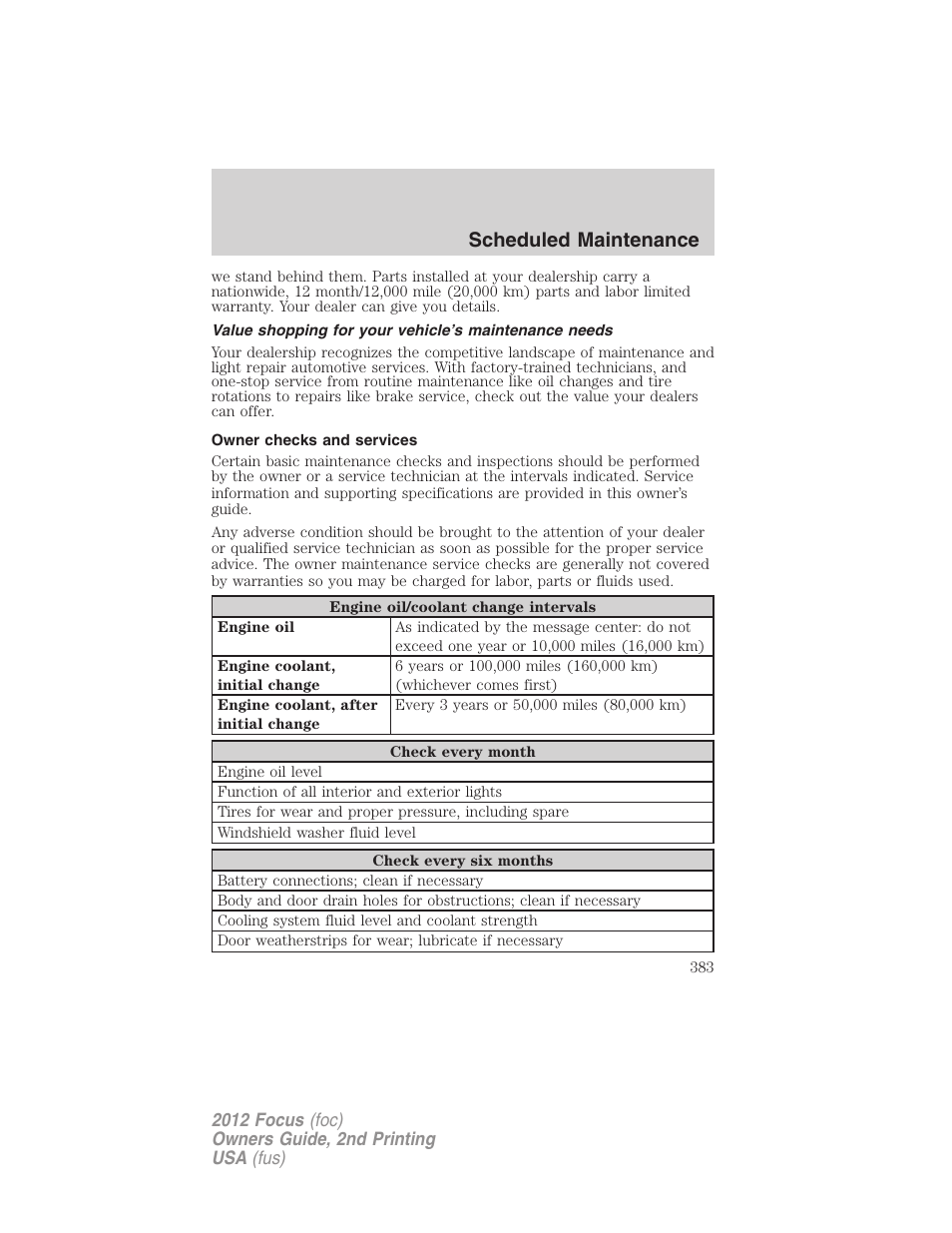 Owner checks and services, Scheduled maintenance | FORD 2012 Focus v.2 User Manual | Page 383 / 405