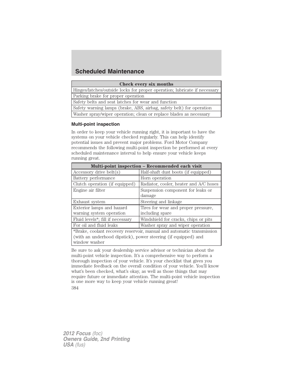 Multi-point inspection, Scheduled maintenance | FORD 2012 Focus v.2 User Manual | Page 384 / 405