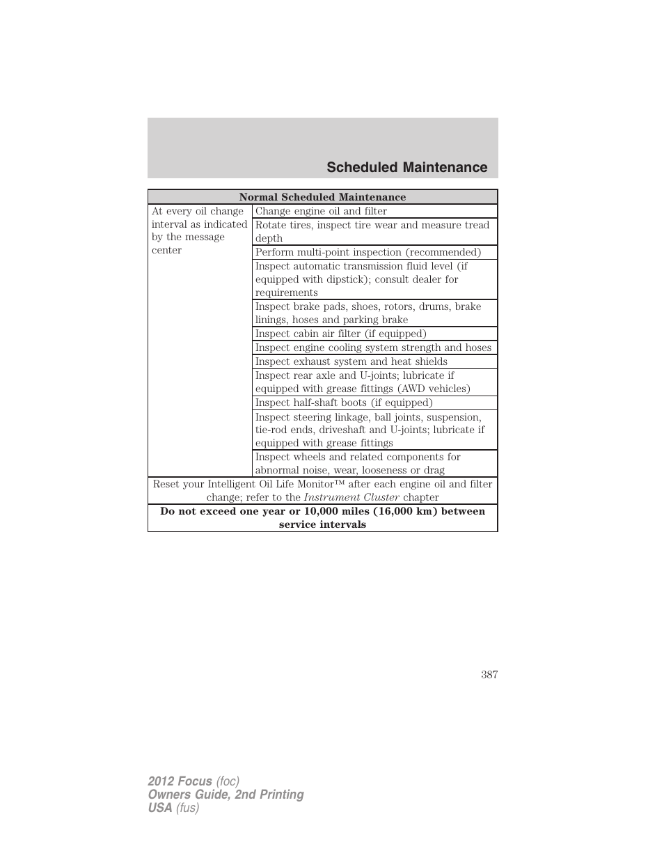 Scheduled maintenance | FORD 2012 Focus v.2 User Manual | Page 387 / 405