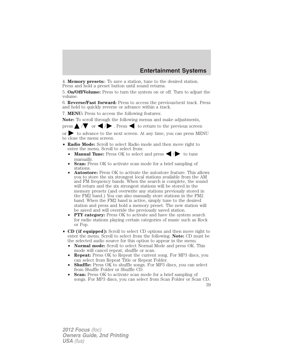 Entertainment systems | FORD 2012 Focus v.2 User Manual | Page 39 / 405