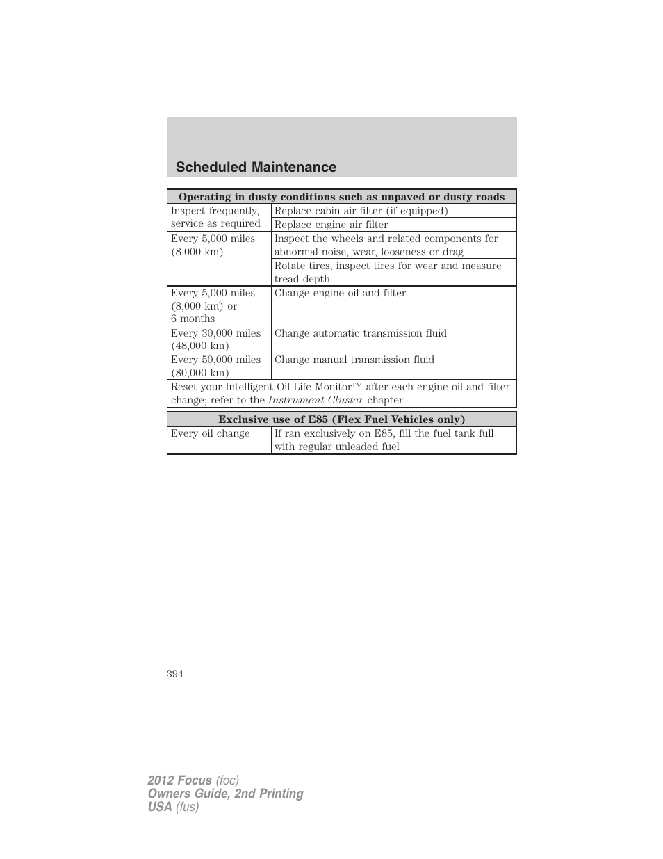 Scheduled maintenance | FORD 2012 Focus v.2 User Manual | Page 394 / 405