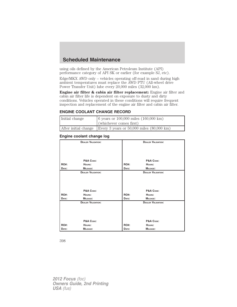 Engine coolant change record, Engine coolant change log, Scheduled maintenance | FORD 2012 Focus v.2 User Manual | Page 398 / 405