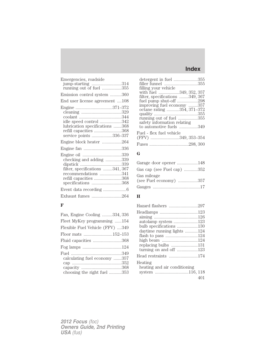 Index | FORD 2012 Focus v.2 User Manual | Page 401 / 405