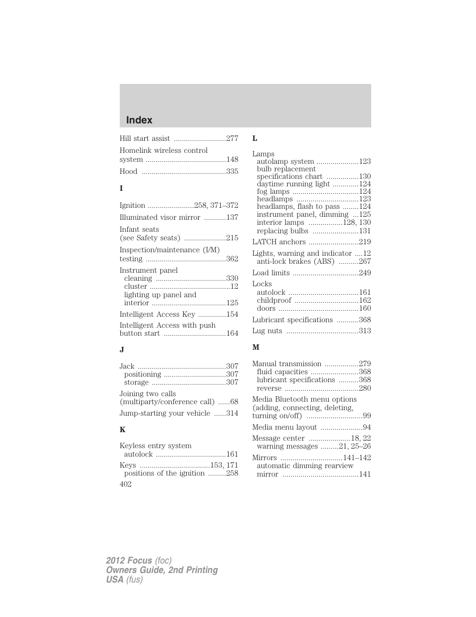 Index | FORD 2012 Focus v.2 User Manual | Page 402 / 405