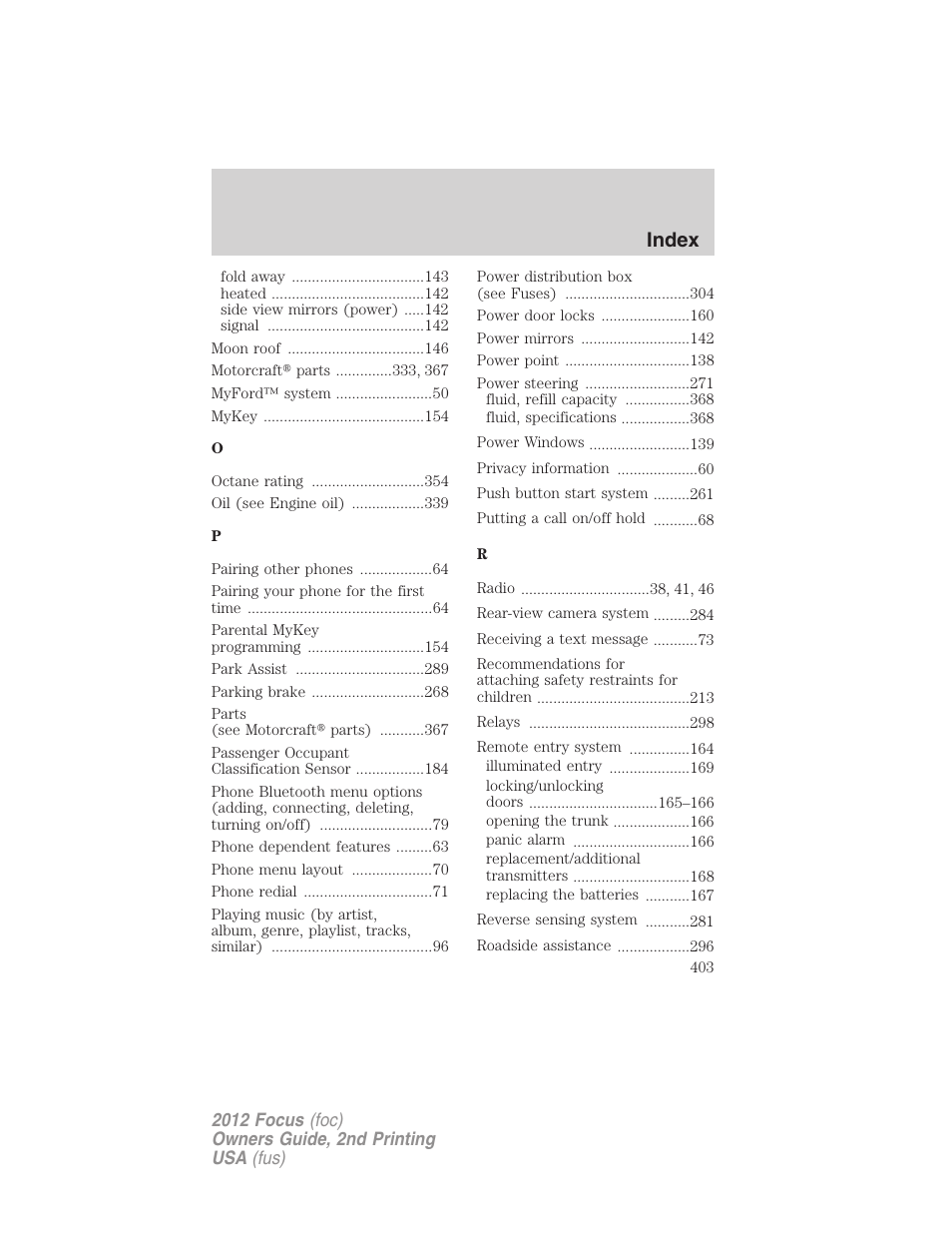 Index | FORD 2012 Focus v.2 User Manual | Page 403 / 405