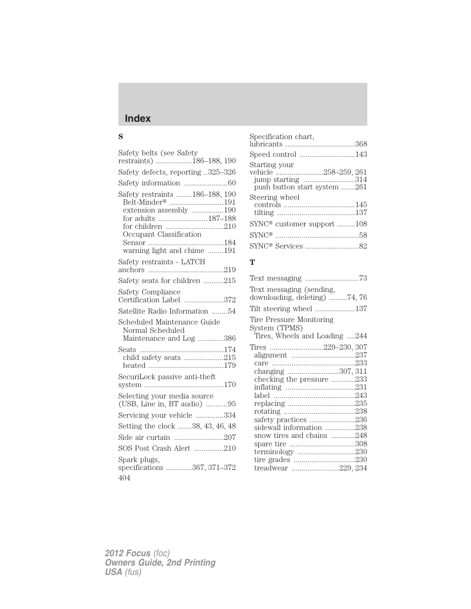 Index | FORD 2012 Focus v.2 User Manual | Page 404 / 405