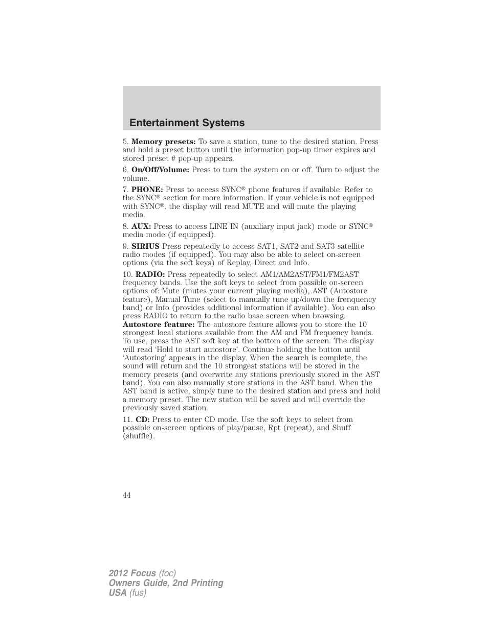 Entertainment systems | FORD 2012 Focus v.2 User Manual | Page 44 / 405