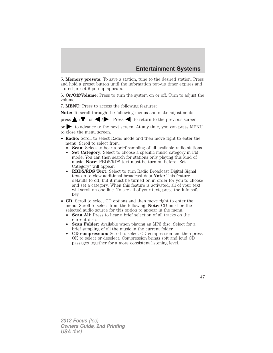 Entertainment systems | FORD 2012 Focus v.2 User Manual | Page 47 / 405