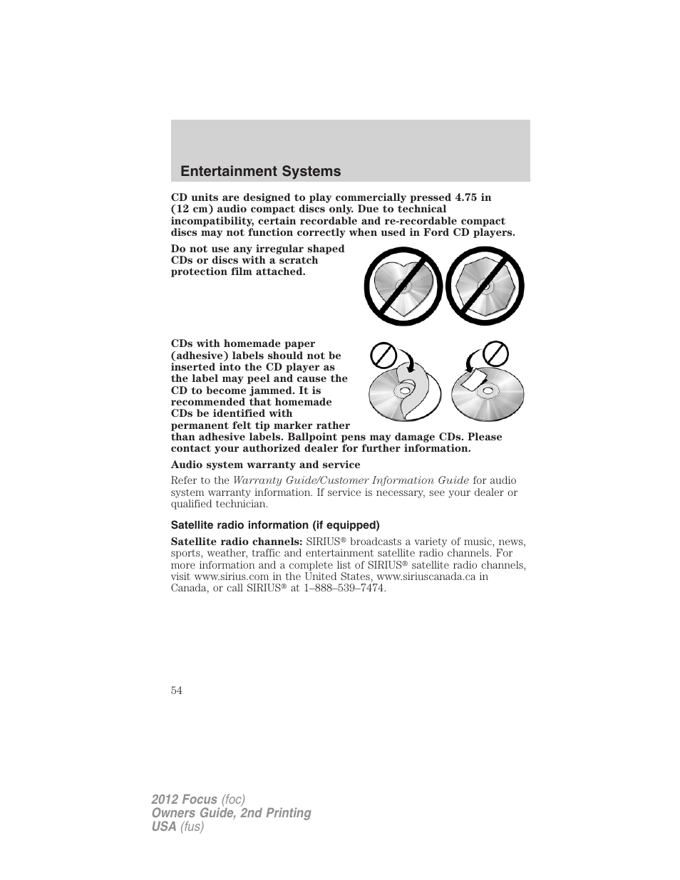 Satellite radio information (if equipped), Satellite radio information, Entertainment systems | FORD 2012 Focus v.2 User Manual | Page 54 / 405