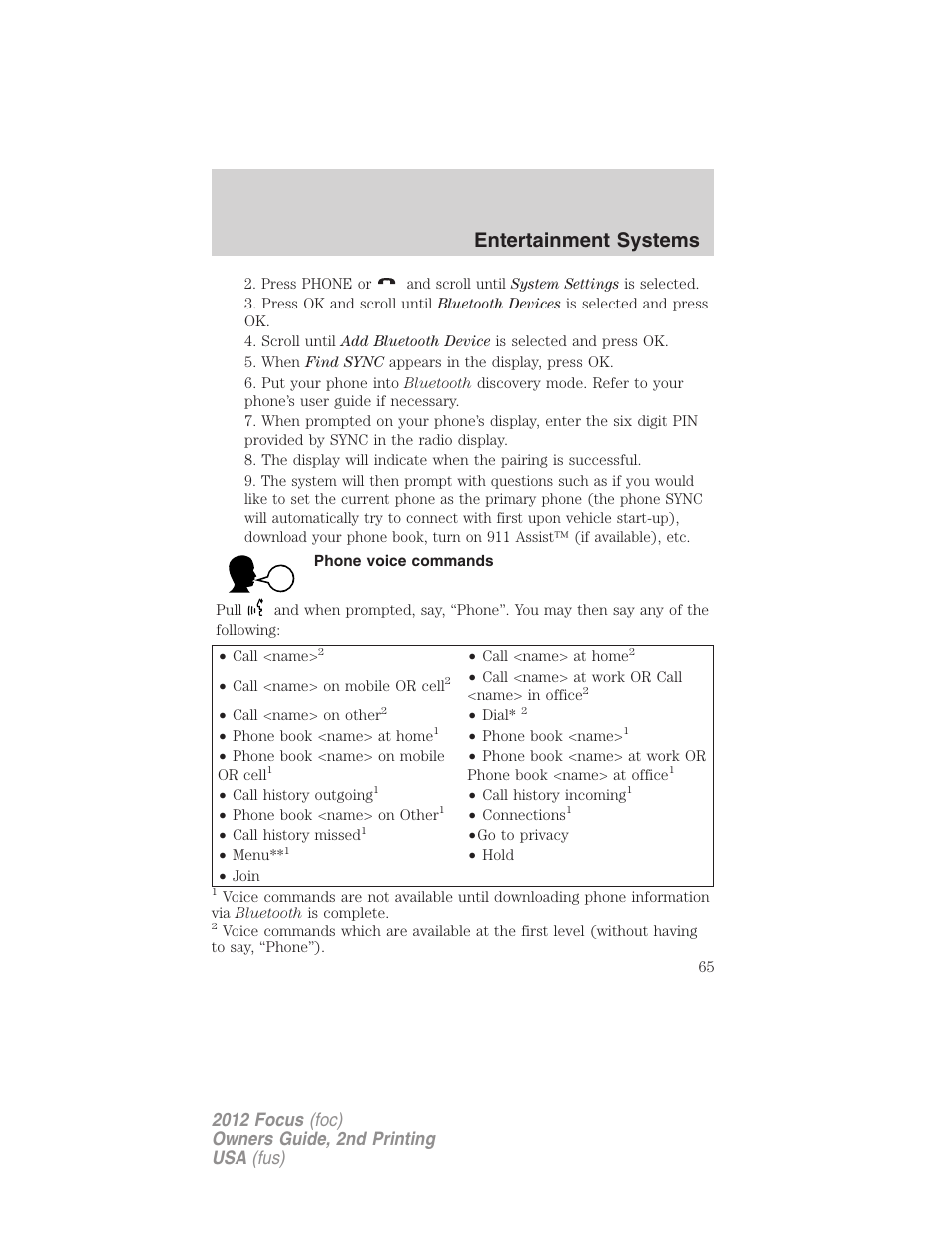 Phone voice commands, Entertainment systems | FORD 2012 Focus v.2 User Manual | Page 65 / 405