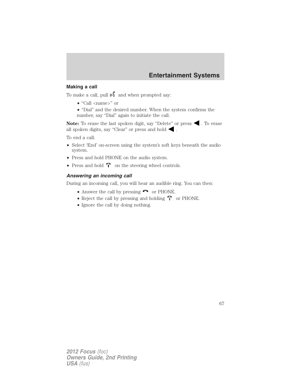 Making a call, Answering an incoming call, Entertainment systems | FORD 2012 Focus v.2 User Manual | Page 67 / 405