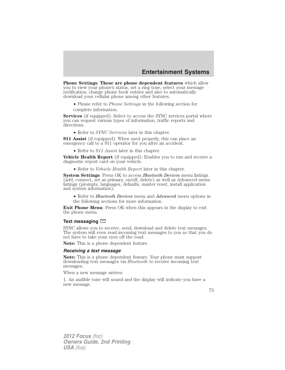 Text messaging, Receiving a text message, Entertainment systems | FORD 2012 Focus v.2 User Manual | Page 73 / 405