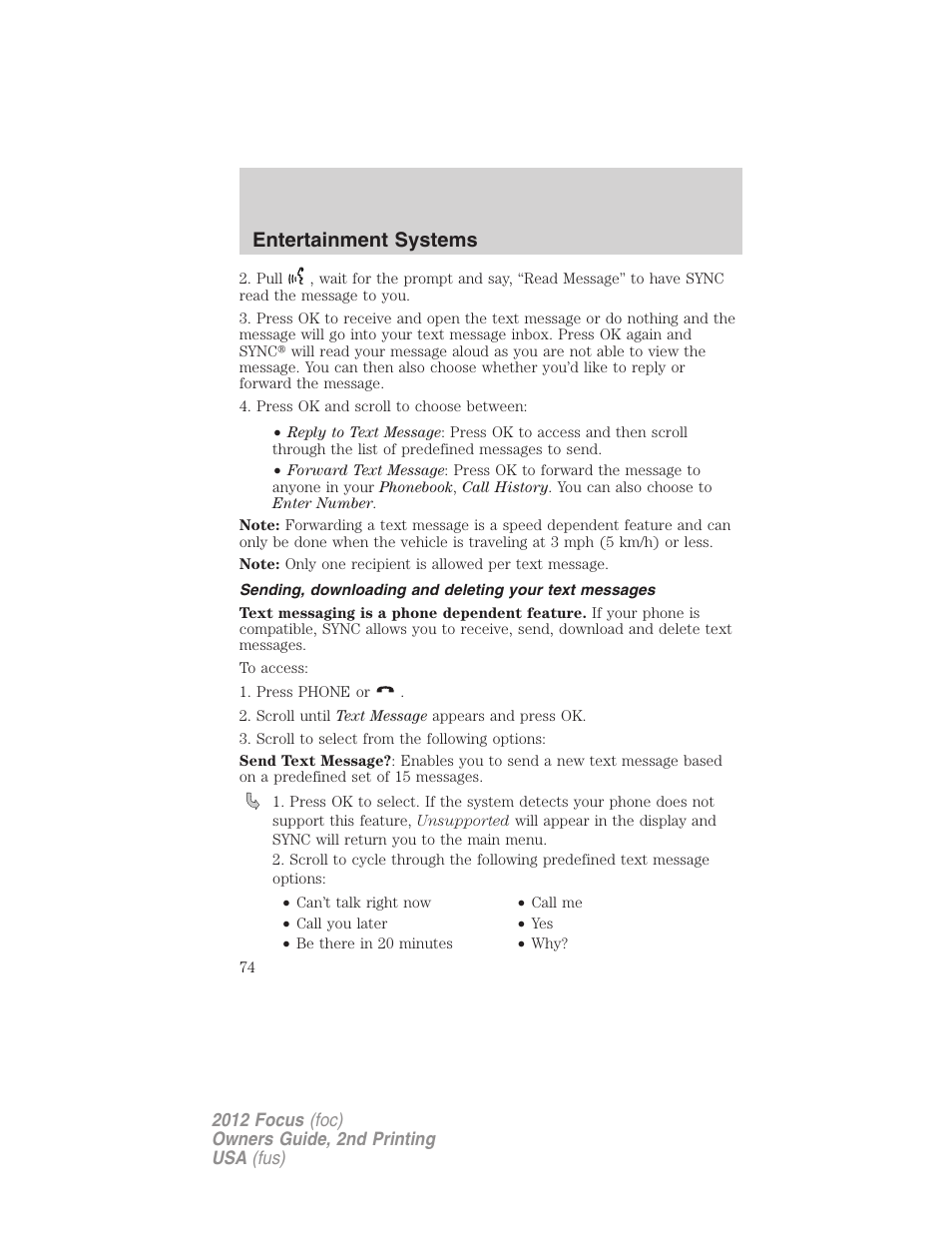 Entertainment systems | FORD 2012 Focus v.2 User Manual | Page 74 / 405