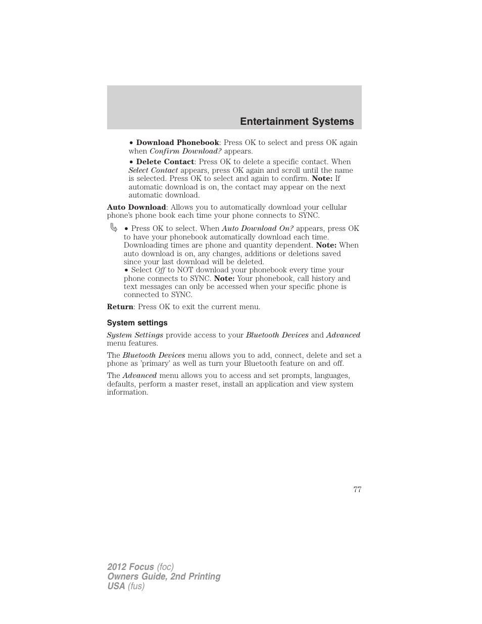 System settings, Entertainment systems | FORD 2012 Focus v.2 User Manual | Page 77 / 405