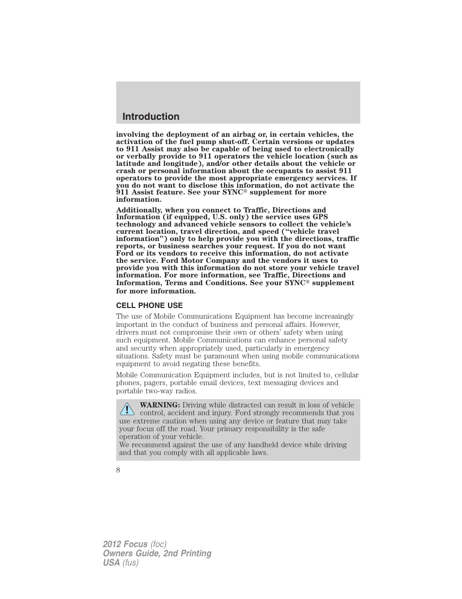 Cell phone use, Introduction | FORD 2012 Focus v.2 User Manual | Page 8 / 405