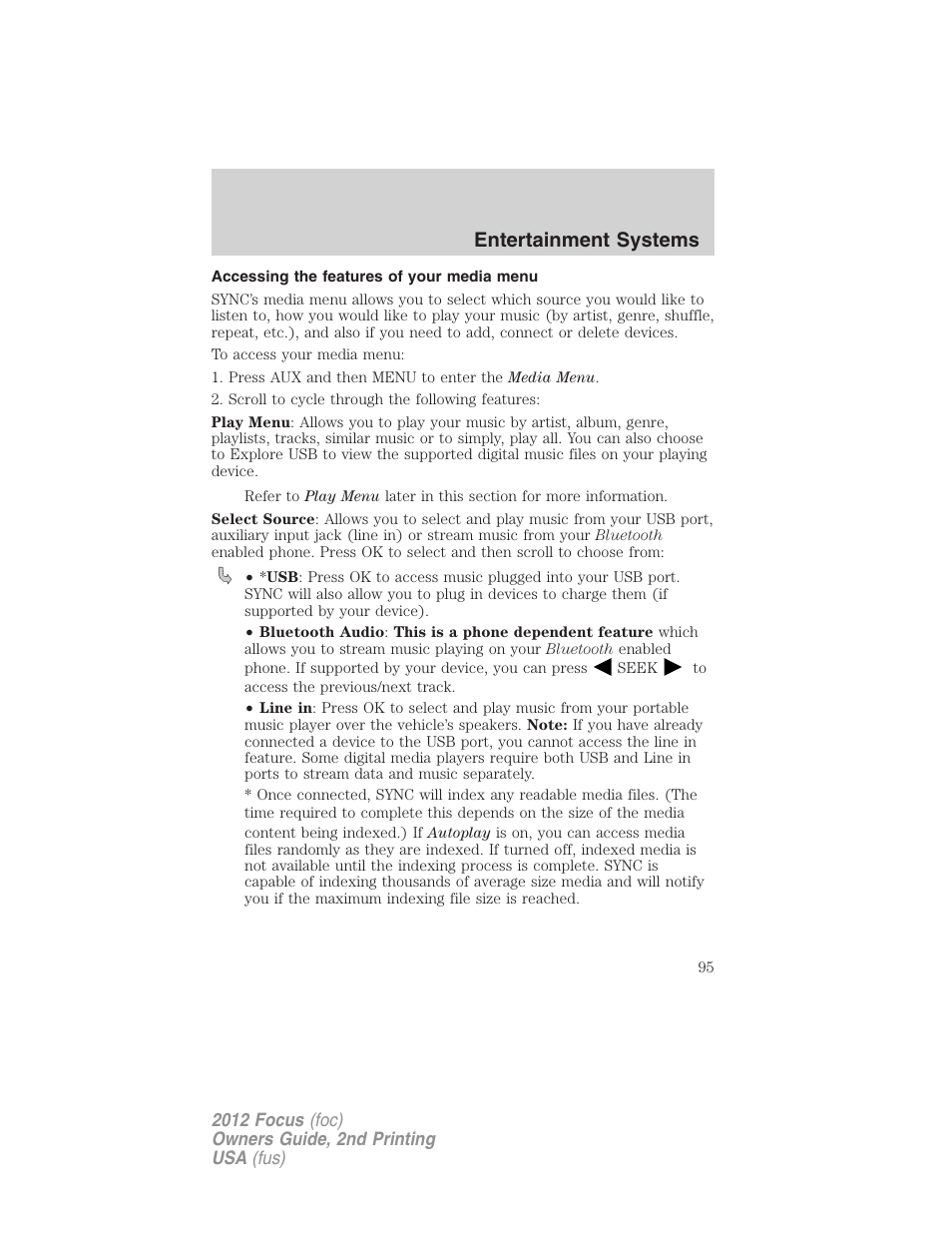 Accessing the features of your media menu, Entertainment systems | FORD 2012 Focus v.2 User Manual | Page 95 / 405