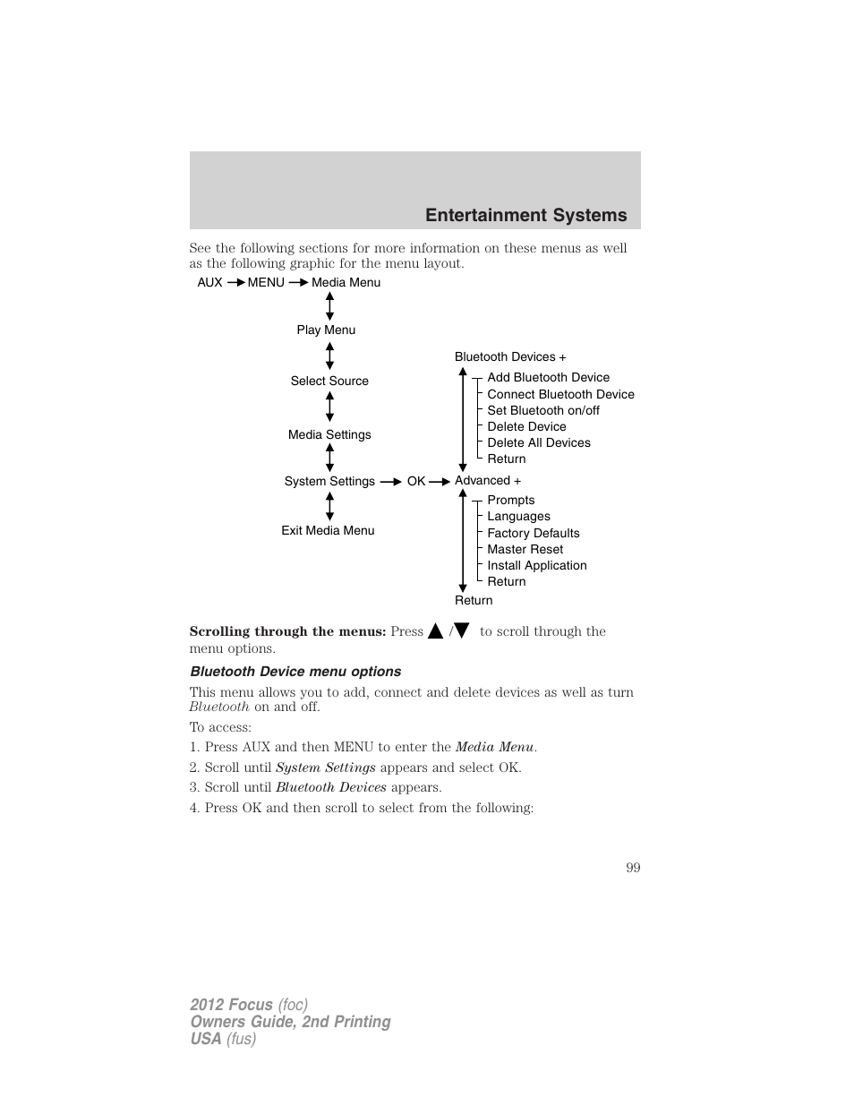 Bluetooth device menu options, Entertainment systems | FORD 2012 Focus v.2 User Manual | Page 99 / 405