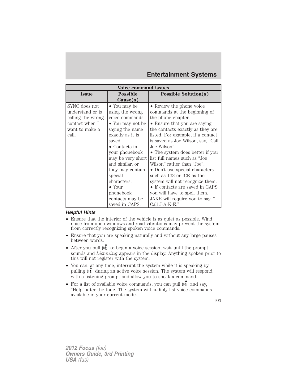 Helpful hints, Entertainment systems | FORD 2012 Focus v.3 User Manual | Page 104 / 404