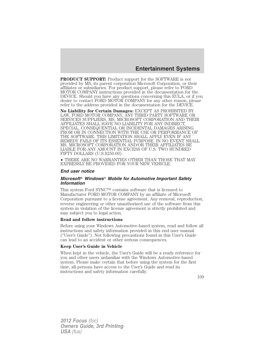 End user notice, Entertainment systems | FORD 2012 Focus v.3 User Manual | Page 110 / 404