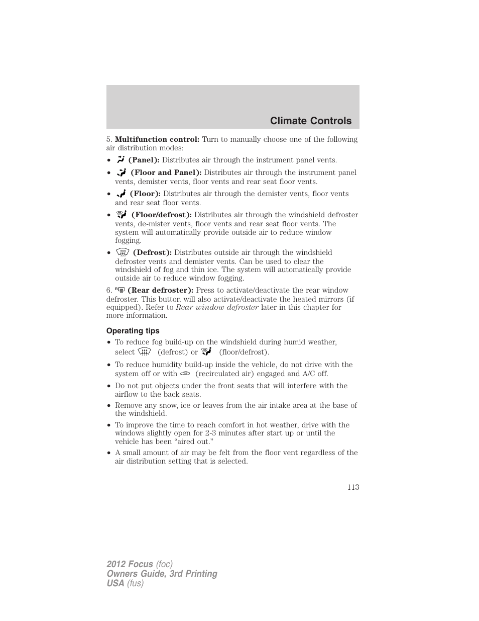 Operating tips, Climate controls | FORD 2012 Focus v.3 User Manual | Page 114 / 404