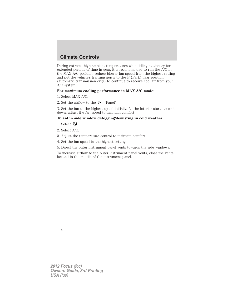 Climate controls | FORD 2012 Focus v.3 User Manual | Page 115 / 404