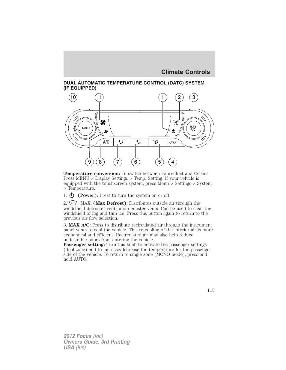 Climate controls | FORD 2012 Focus v.3 User Manual | Page 116 / 404