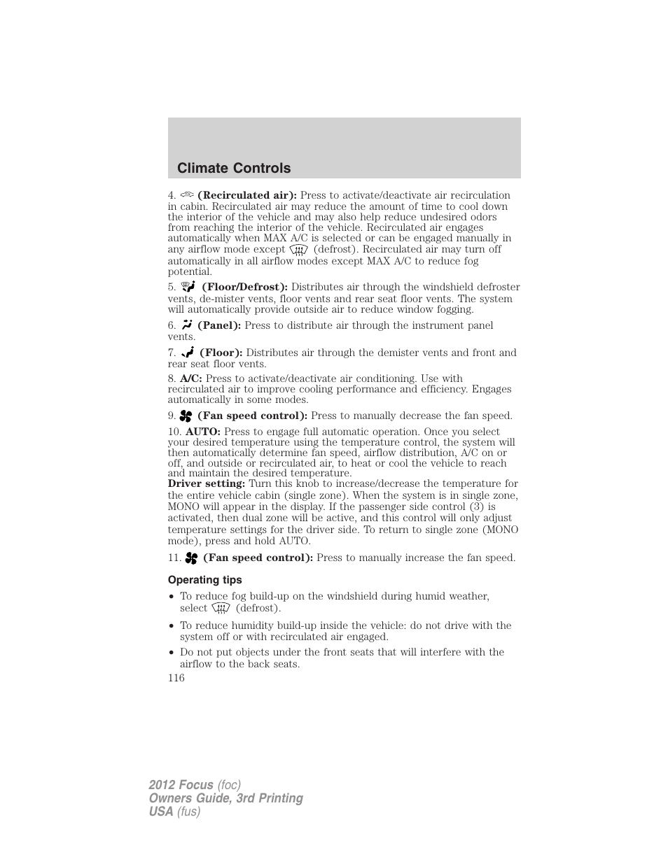 Operating tips, Climate controls | FORD 2012 Focus v.3 User Manual | Page 117 / 404