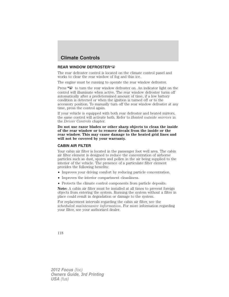 Rear window defroster, Cabin air filter, Climate controls | FORD 2012 Focus v.3 User Manual | Page 119 / 404