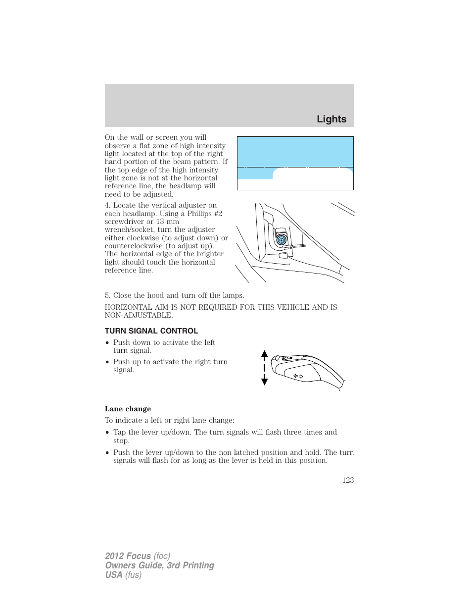 Turn signal control, Lights | FORD 2012 Focus v.3 User Manual | Page 124 / 404