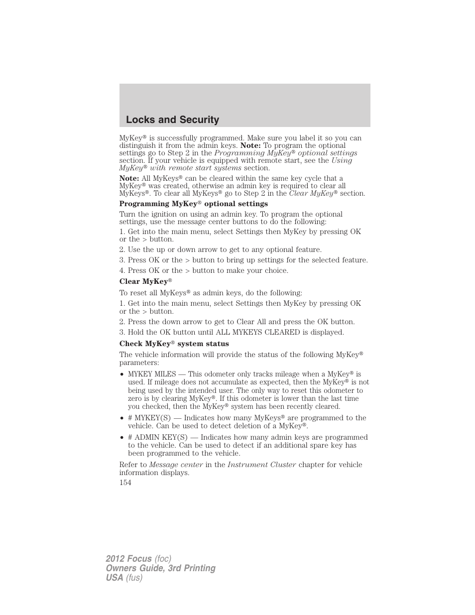 Locks and security | FORD 2012 Focus v.3 User Manual | Page 155 / 404