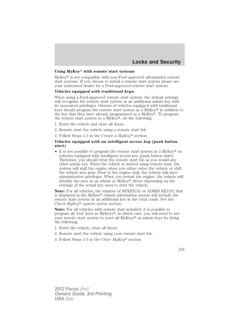 Locks and security | FORD 2012 Focus v.3 User Manual | Page 156 / 404