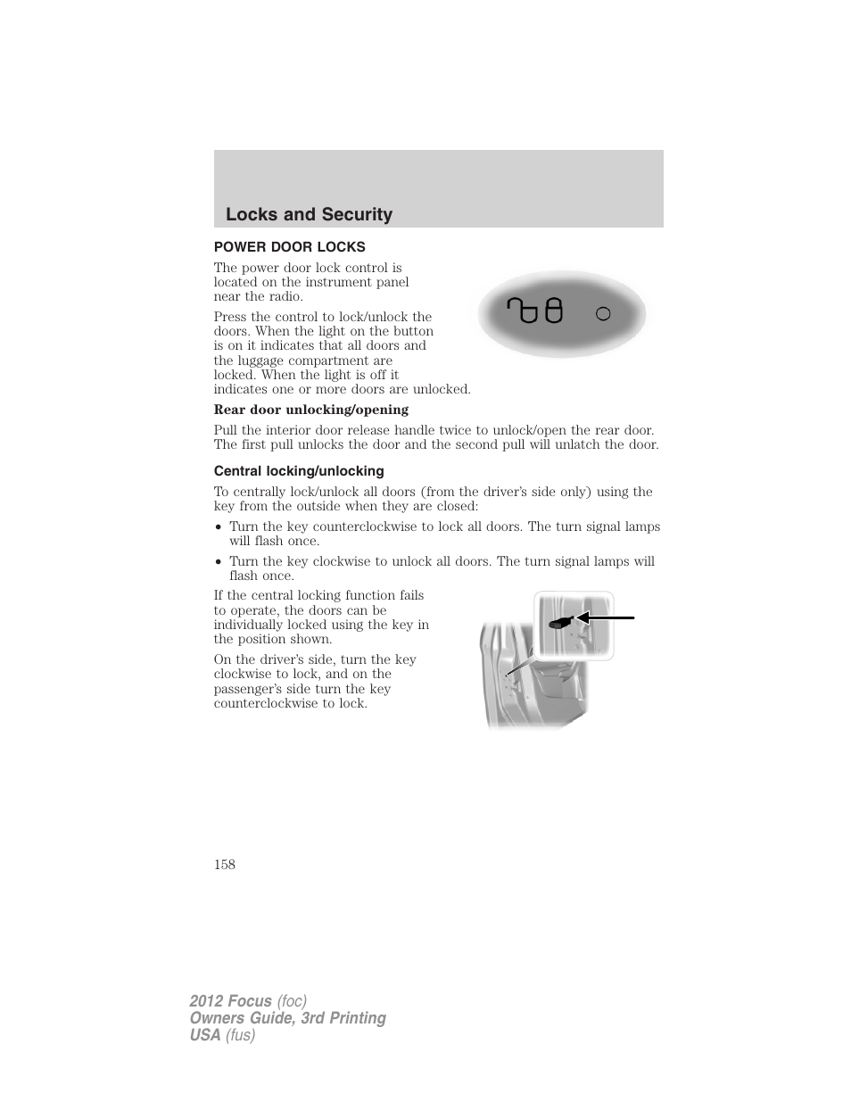 Power door locks, Central locking/unlocking, Locks | Locks and security | FORD 2012 Focus v.3 User Manual | Page 159 / 404