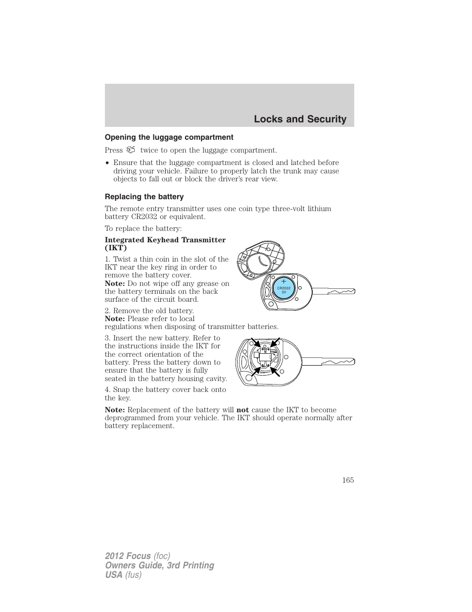 Opening the luggage compartment, Replacing the battery, Locks and security | FORD 2012 Focus v.3 User Manual | Page 166 / 404