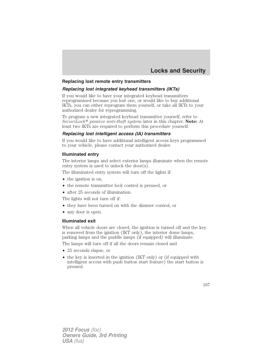 Replacing lost remote entry transmitters, Illuminated entry, Illuminated exit | Locks and security | FORD 2012 Focus v.3 User Manual | Page 168 / 404