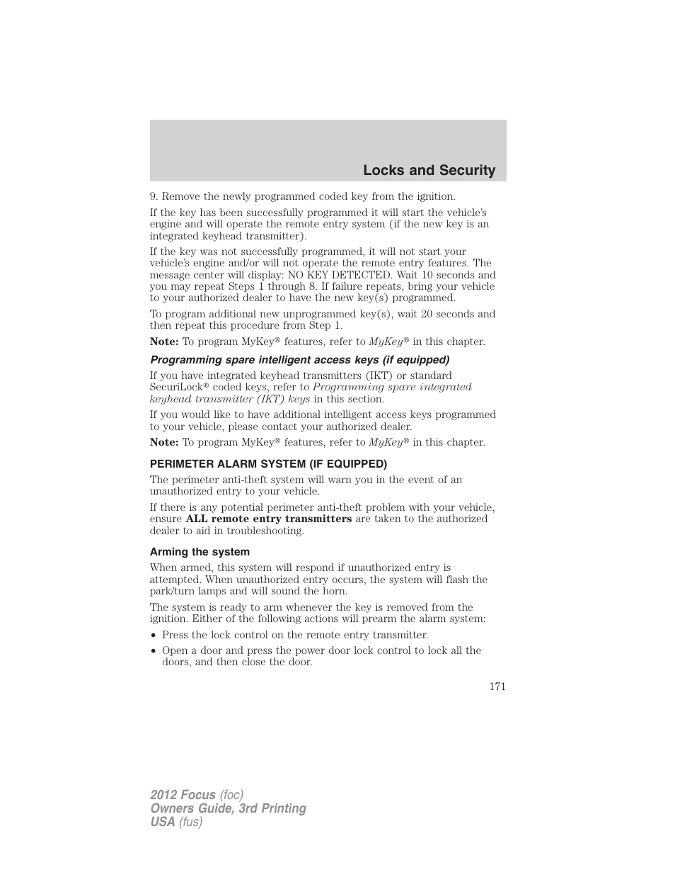 Perimeter alarm system (if equipped), Arming the system, Locks and security | FORD 2012 Focus v.3 User Manual | Page 172 / 404