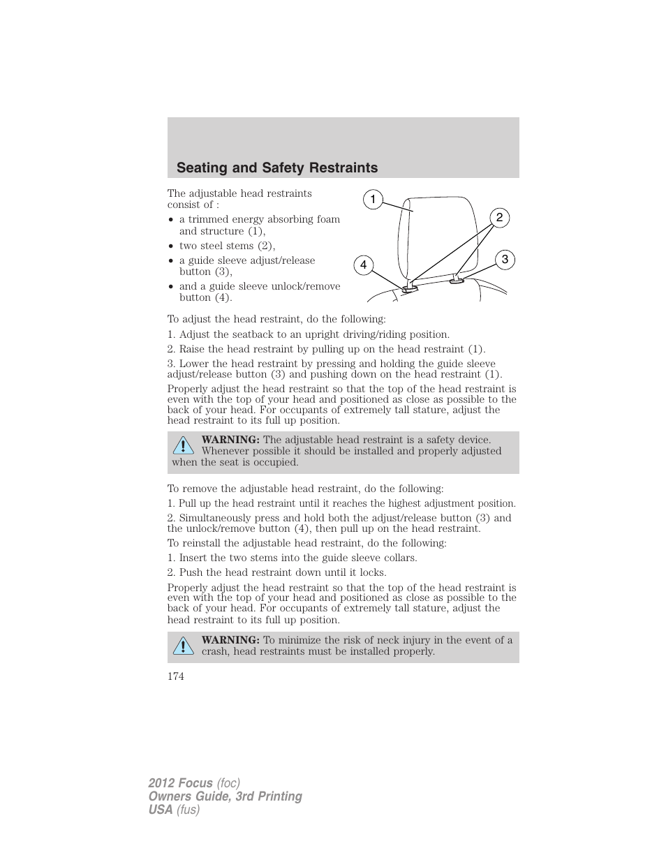 Seating and safety restraints | FORD 2012 Focus v.3 User Manual | Page 175 / 404