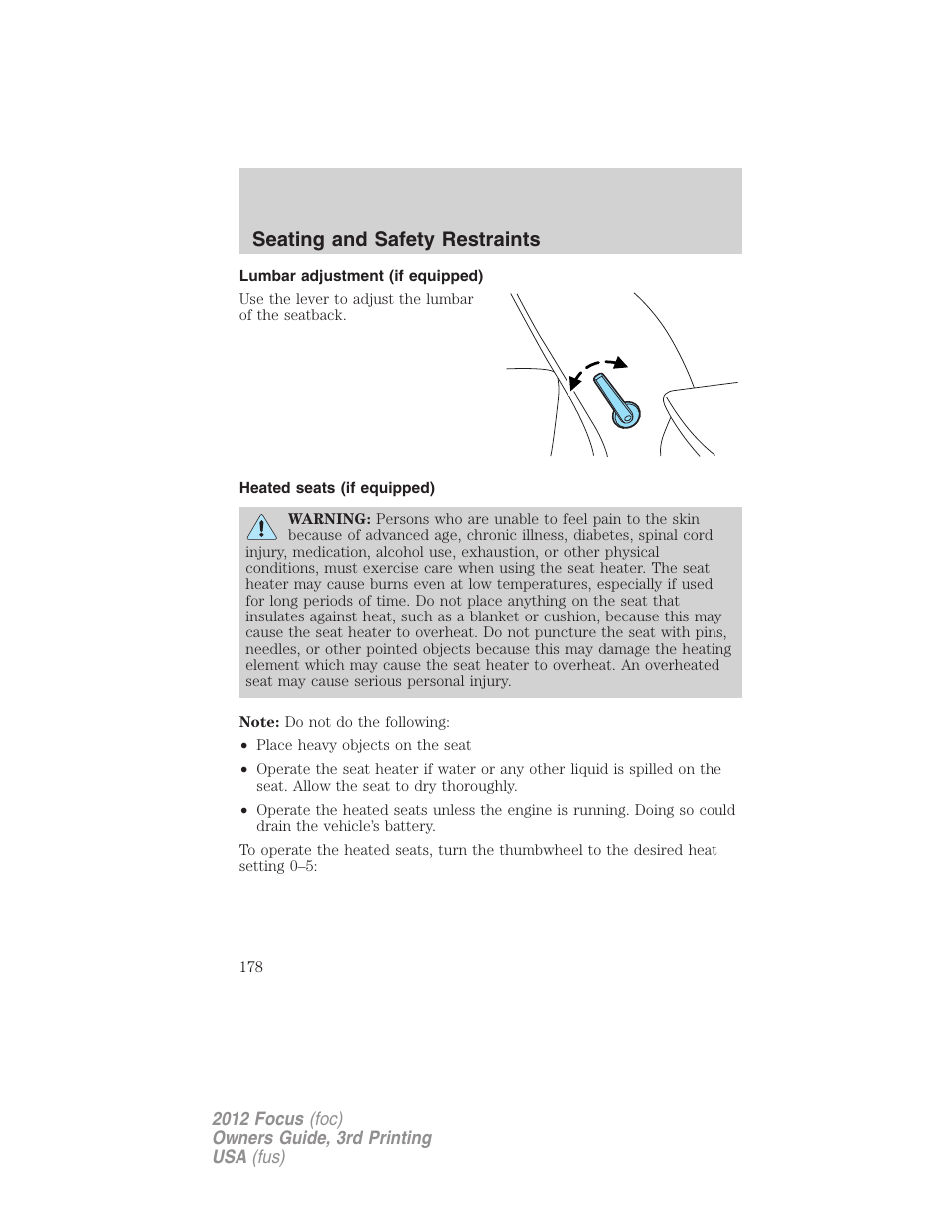 Lumbar adjustment (if equipped), Heated seats (if equipped), Seating and safety restraints | FORD 2012 Focus v.3 User Manual | Page 179 / 404