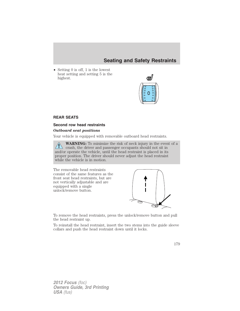 Rear seats, Second row head restraints, Seating and safety restraints | FORD 2012 Focus v.3 User Manual | Page 180 / 404