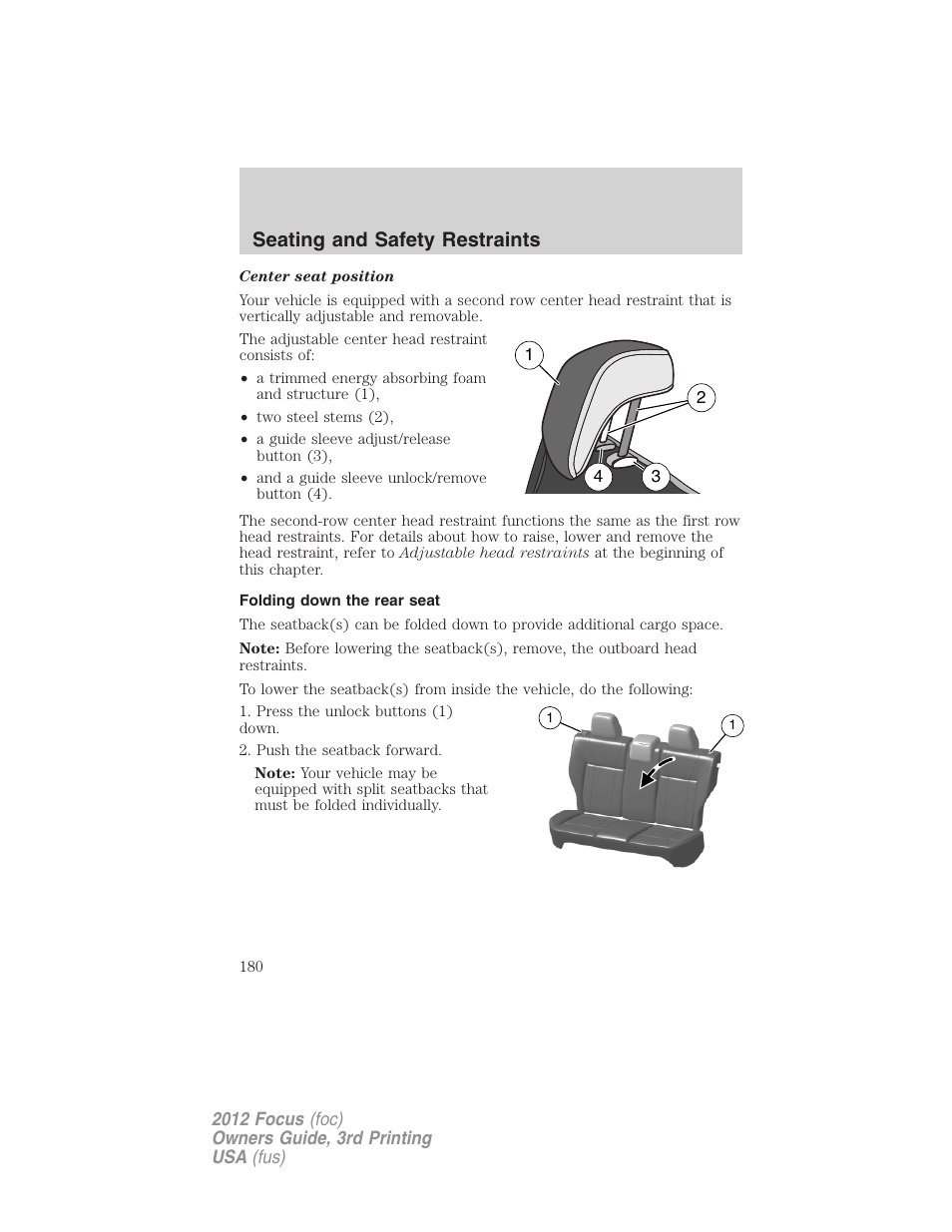 Folding down the rear seat, Seating and safety restraints | FORD 2012 Focus v.3 User Manual | Page 181 / 404