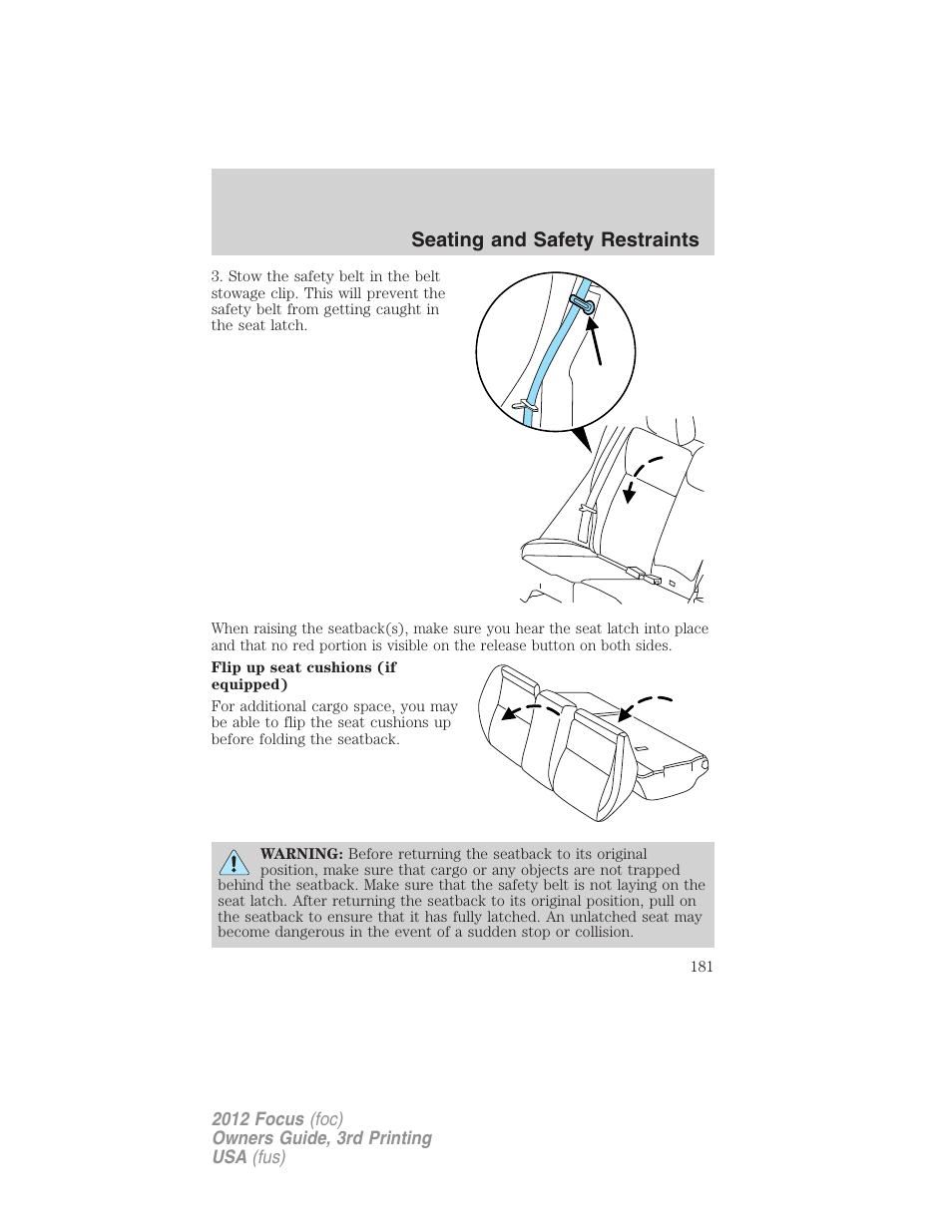 Seating and safety restraints | FORD 2012 Focus v.3 User Manual | Page 182 / 404