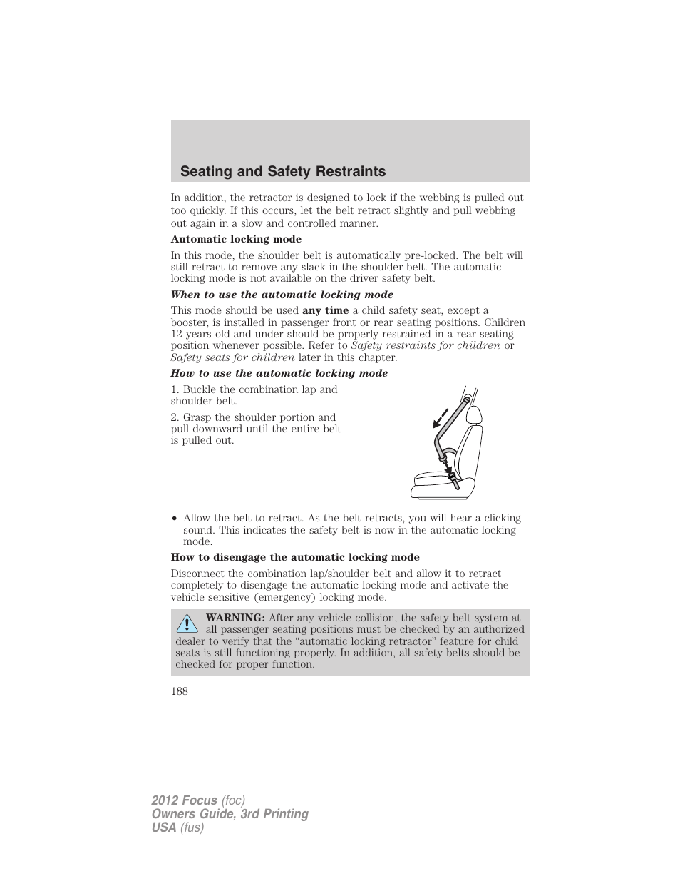 Seating and safety restraints | FORD 2012 Focus v.3 User Manual | Page 189 / 404