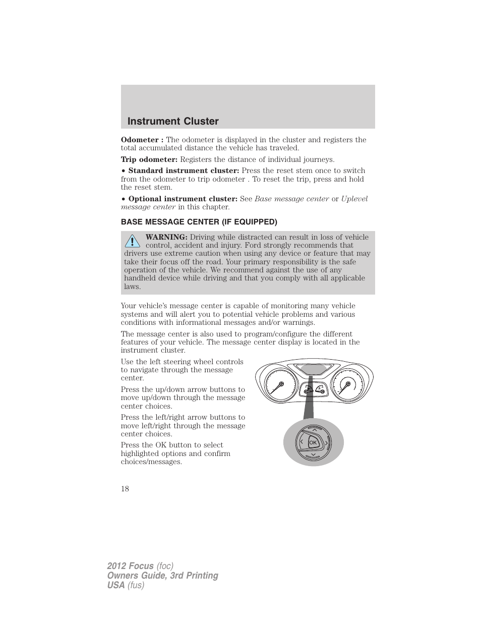 Base message center (if equipped), Message center, Instrument cluster | FORD 2012 Focus v.3 User Manual | Page 19 / 404