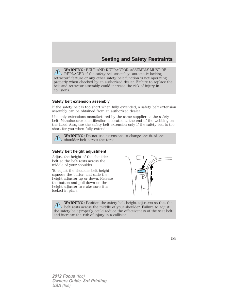 Safety belt extension assembly, Safety belt height adjustment, Seating and safety restraints | FORD 2012 Focus v.3 User Manual | Page 190 / 404